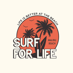 Surf for life stylish graphic t-shirt vector design, typography. Design for poster, print on the theme of summer.