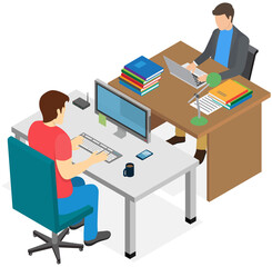 People working on computers. Cartoon characters work with laptops sitting at workplace. Teamwork with business data and technology. Team is working in office and typing on laptops keyboards