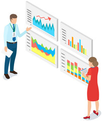 Visualize with business analytics. People work with statistical data analysis, changing indicators. Employees analyze statistical indicators, business data. Characters work with marketing research