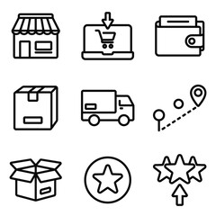 Shop, store, click shopping, collect order, payment, delivery services steps, receive order in pick up point, rating. E-commerce business concept. Simple line icon vector design.