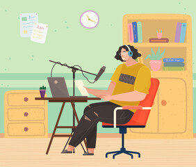 Podcaster talking to microphone recording podcast. Person records live podcast, broadcasts online using computer. Cartoon character working at radio station, broadcasting live, recording voice