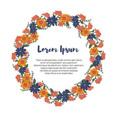 Delicate floral greeting card template design with spring wildflowers wreath woven with blooming grass inflorescences with caption Spring