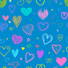Seamless background with big and small hearts. Abstract geometric wallpaper of the surface. Hand drawn simple love signs. Collection. Line art. Print for polygraphy, posters, t-shirts and textiles
