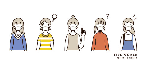 マスクをつけた5人の女性のイラスト 発見 ひらめき 気づき