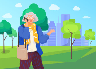 Senior person talking on mobile phone. Elderly woman with smartphone is communicating. Female character uses mobile device to communicate with someone. Old woman with smartphone on outdoor