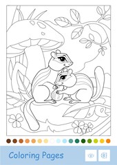 Colorless contour image of a chipmunks sitting under the mushroom in a wood isolated on white. Wild animals preschool kids coloring book illustrations and developmental activity.
