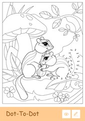 Colorless contour dot-to-dot chipmunks sitting under the mushroom in a wood isolated on white background. Wild animals preschool kids coloring book illustrations and developmental activity.