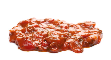 Pindjur relish made from red paprika, pepper and eggplant, vegetable sauce isolated on white background