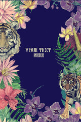 Hand drawn watercolor card with indonesian leaves, flowers, tigers. Rsvp, greetings