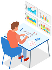 Visualize with business analytics. People work with statistical data analysis, changing indicators. Employees analyze statistical indicators, business data. Characters work with marketing research