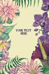 Hand drawn watercolor card with indonesian leaves, flowers. Rsvp, greetings