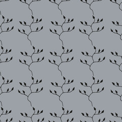 Seamless pattern with black branches on gray background. Vector image.