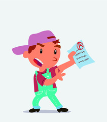  cartoon character of little boy on jeans arguing effusively with exam in hand