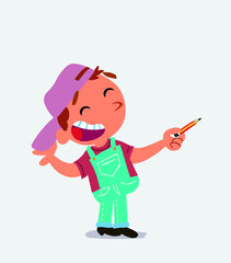 cartoon character of little boy on jeans is happy while pointing to the side with a pencil
