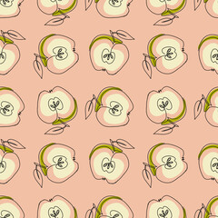 
Seamless pattern with apple silhouettes. Silhouettes of an apple in a cut on a gentle, pastel pink background.