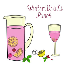 Vector hand drawn illustration of punch drink ingredients, winter drinks collection. Doodle style, isolated objects on white background