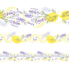 Lemons and lavender. Three seamless vector borders on white. Perfect for design templates, wallpaper, wrapping, fabric and textile.