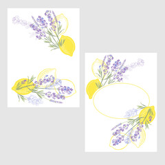 Set of card with lemons and lavender and place for text . Mediterranean ornament concept. Poster, invite. Vector layout decorative greeting card or invitation design background. Two different options.