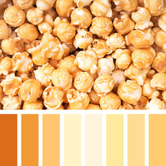 A background of caramel or toffee popcorn, in a colour palette with complimentary colour swatches. 
