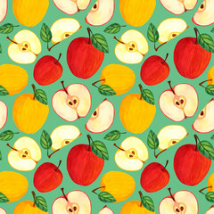 Red and yellow apple fruit with leaves and seeds, whole and slice. Fresh garden fruit watercolor seamless pattern. Summer harvest illustration for print design, invitation, card, wallpaper.