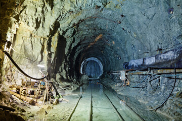 Subway tunnel construction. Deep metro line construction