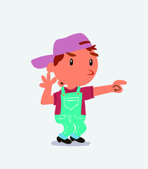 Surprised cartoon character of little boy on jeans points to something