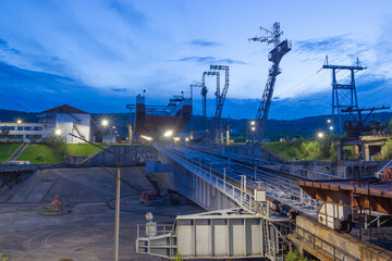 View of the platform of the ship lift. Industrial night background.