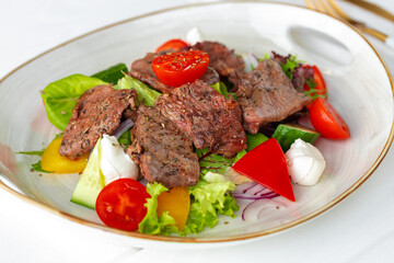 Fillet of beef with vegetable salad on wooden table