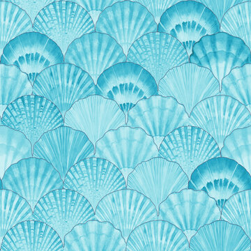 Watercolor sea shell seamless pattern. Hand drawn seashells texture vintage ocean background