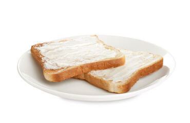 Delicious toasts with butter on white background
