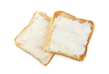 Delicious toasts with butter on white background, top view