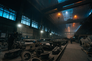 Foundry workshop interior. Typical metallurgical plant. Heavy industry background.