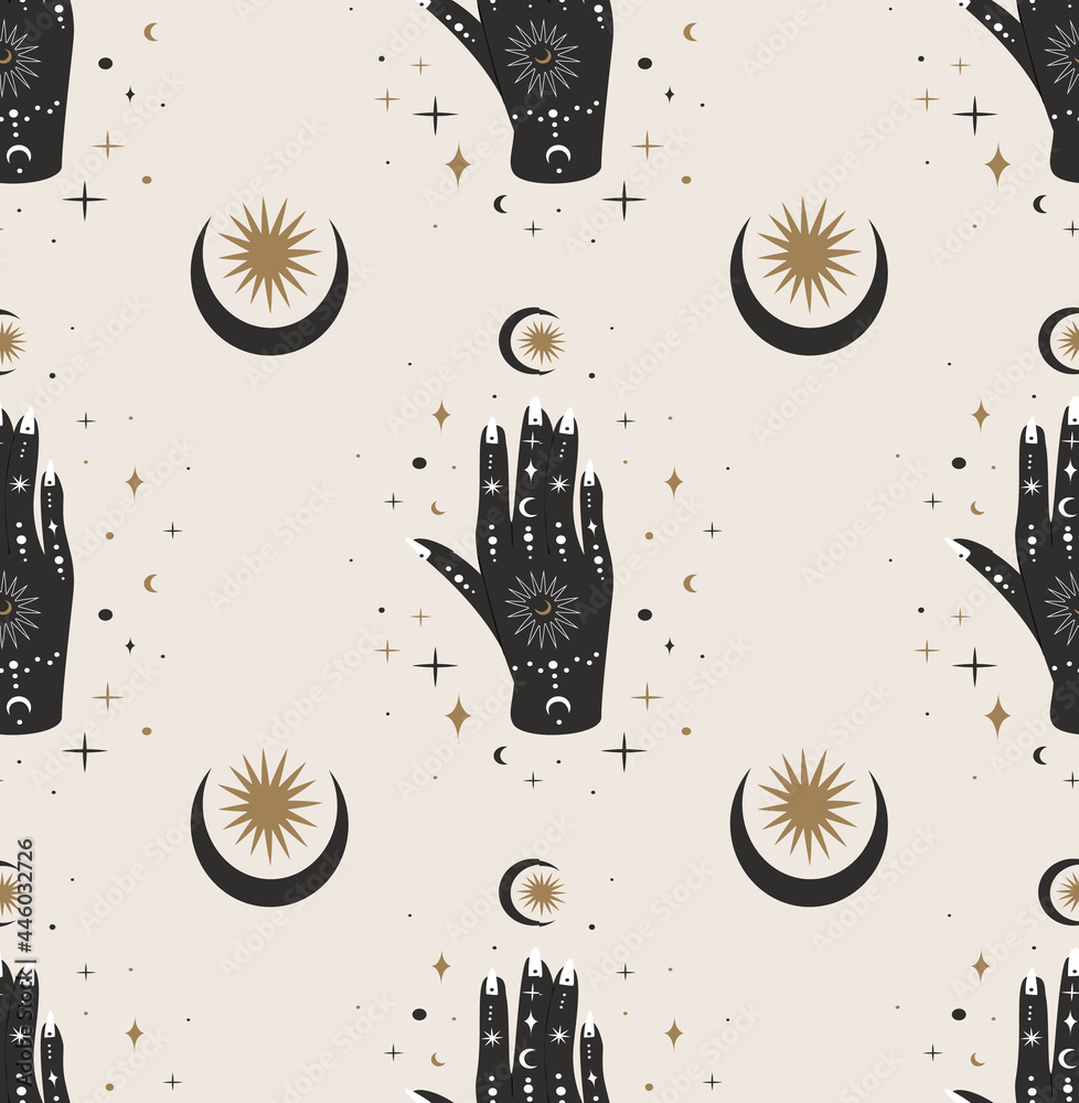 Wall mural seamless pattern.esoterics painted hand mehendi of sun, moon,stars,alchemy esoteric mystical magic c