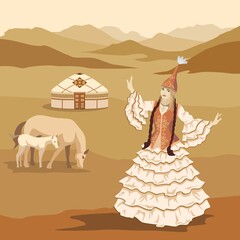 Vector illustration. A beautiful woman in a dance, in a Kazakh national costume, against the background of a mountain landscape, a yurt and horses