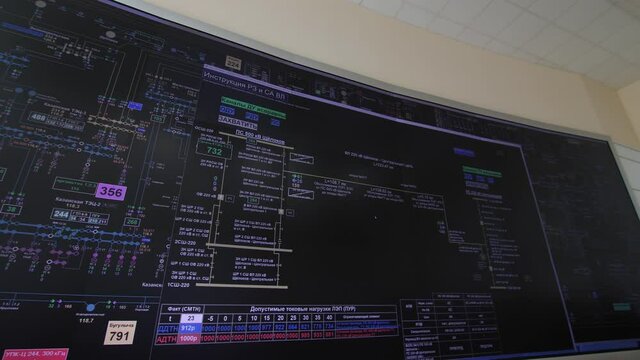 Huge black monitor with equipment connection scheme on wall in spacious control room of electricity distribution substation