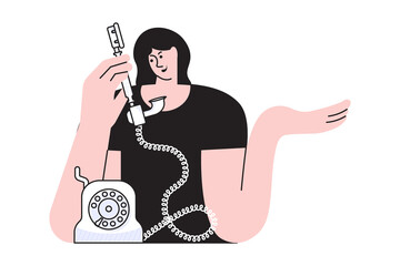 Young woman in black t-shirt is speaking by retro phone.