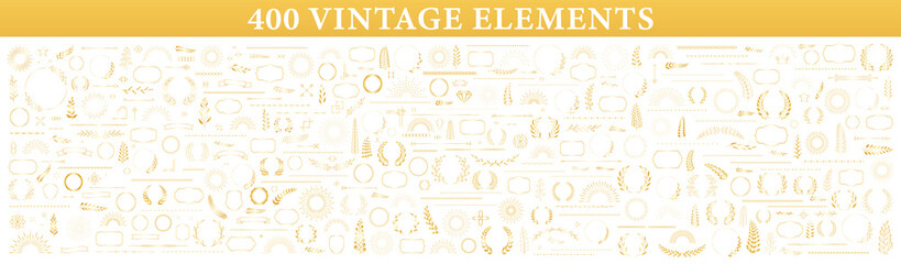 Set of 400 design elements. Wreath, frames, calligraphic, swirls divider, laurel leaves, ornate, award, arrows. Decorative vintage line elements collection. Vector illustration.