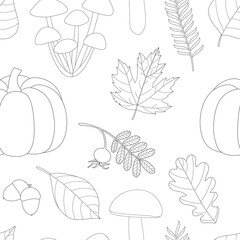 Seamless pattern Autumn black and white colors vector illustration. Leaves mushrooms pumpkins graphics