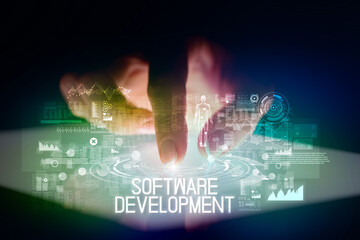 Finger touching tablet with web technology icons concept