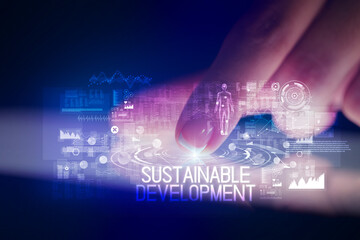 Finger touching tablet with web technology icons concept