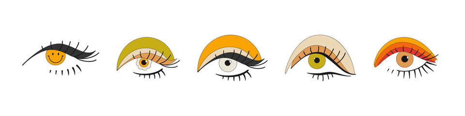 A set of eyes with bright makeup in the style of the 70s. Retro eyes. Hippie style. Vector illustration isolated on a white background.