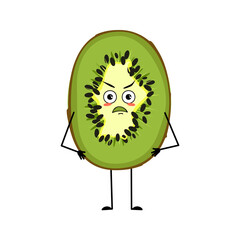 Cute kiwi character with angry emotions, face, arms and legs. The funny or grumpy food hero, green exotic tropical fruit with eyes