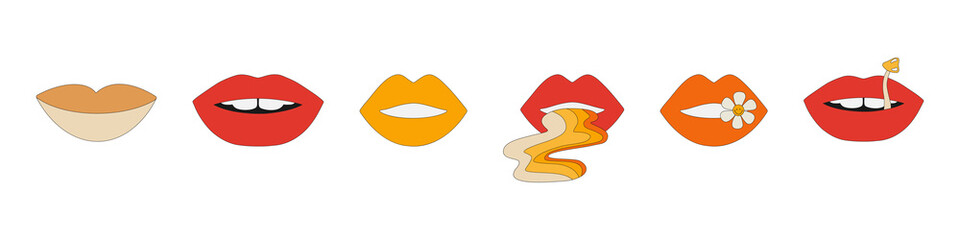 Set of retro lips. Collection of different lips in a hippie style. A mouth with a flower, a mushroom and an abstract figure. Vector illustration isolated on a white background