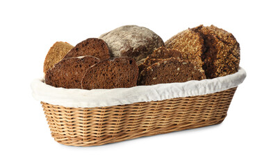 Fresh rye bread in basket on white background