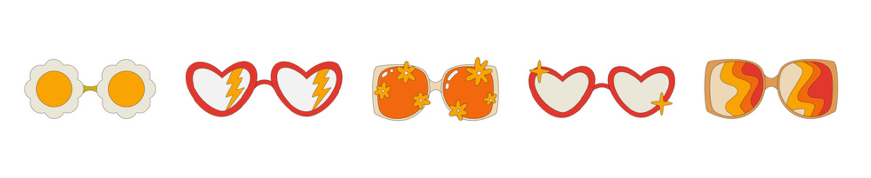 A set of hippie-style sunglasses. Glasses with a pattern, with flowers and lightning bolts in the style of the 70s. Retro glasses. Vector illustration isolated on a white background