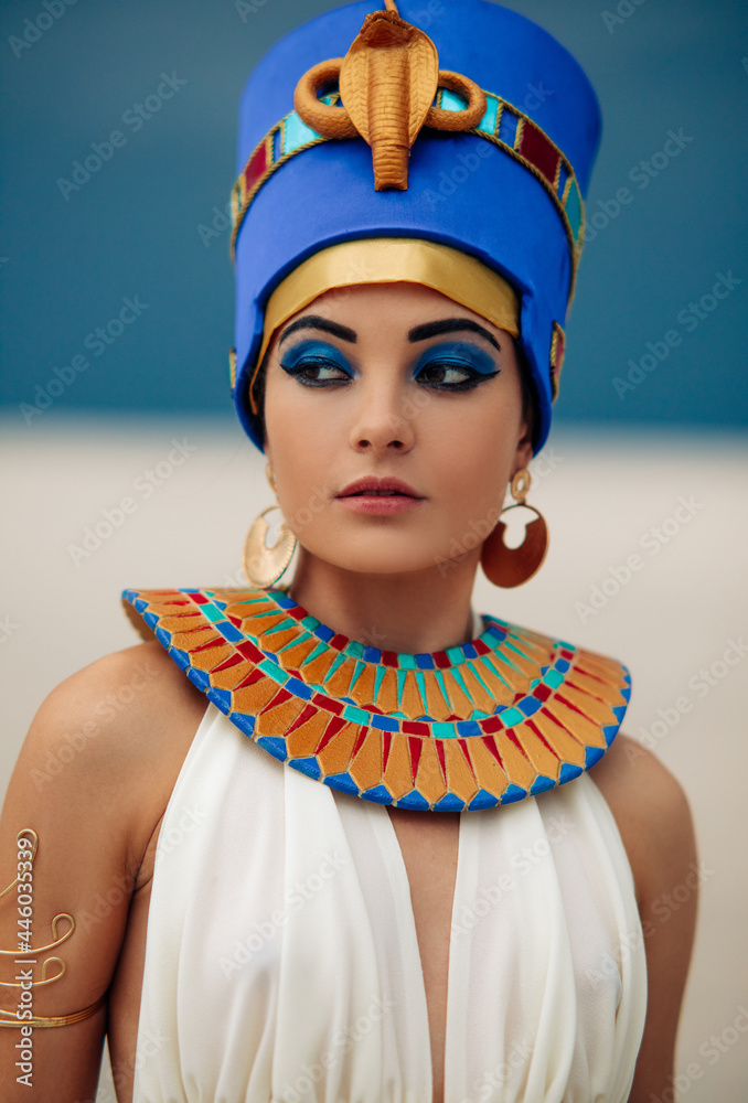 Wall mural portrait of woman in image of egyptian queen nefertiti in desert.