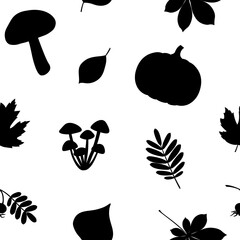 Autumn silhouettes vector illustration. Leaves mushrooms pumpkins graphics