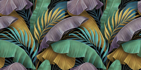 Tropical luxury exotic seamless pattern. Pastel colorful banana leaves, palm. Hand-drawn vintage 3D illustration. Dark glamorous background design. Good for wallpapers, tapestry,cloth, fabric printing - obrazy, fototapety, plakaty