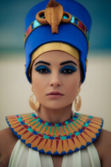 Portrait of woman in image of egyptian queen Nefertiti in desert. - obrazy, fototapety, plakaty
