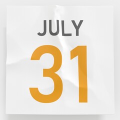 July 31 date on crumpled paper page of a calendar, 3d rendering